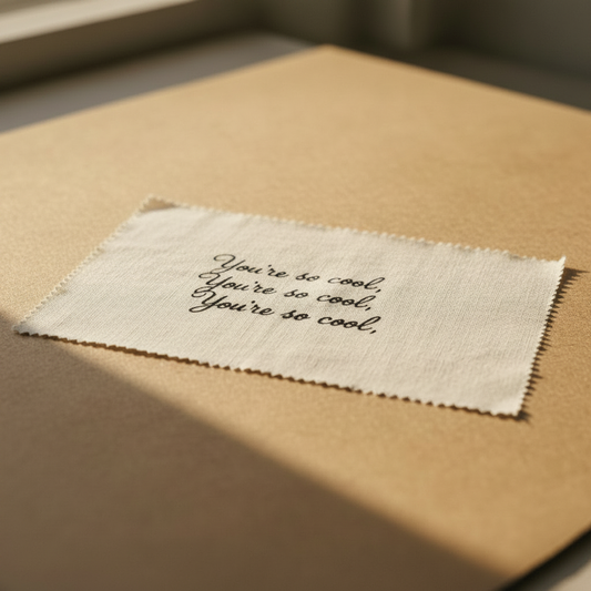 Cream linen with pinking shear edges and black ink handwriting